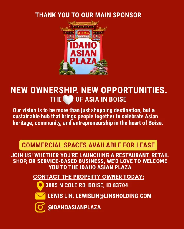 Back of the Asia XP Night Market flyer: sponsor thanks, Idaho Asian Plaza, leasing opportunities and contact information