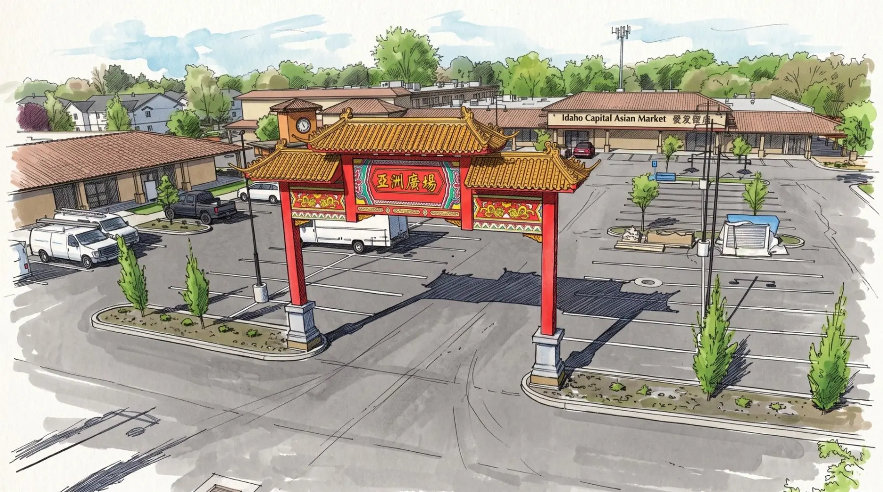 Hand-drawn illustration of the Idaho Capital Asian Plaza gate and marketplace
